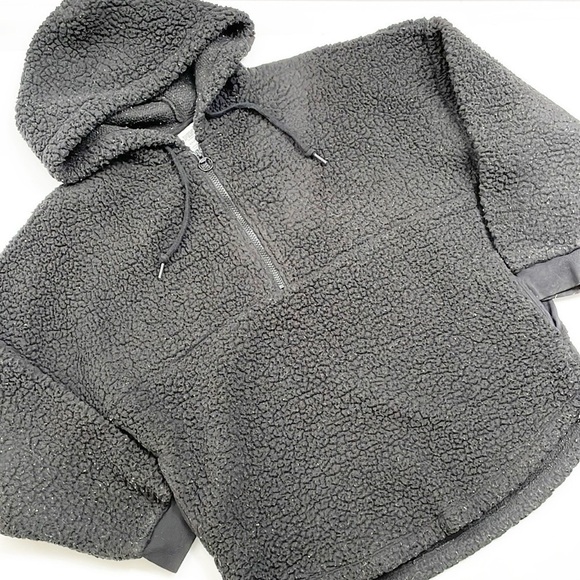 PINK Victoria's Secret black sherpa half zip jacket with hood - Picture 1 of 4